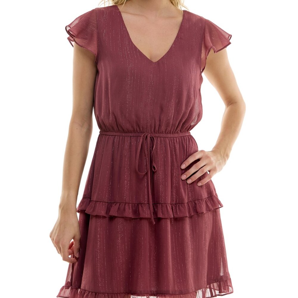 Womens Metallic Tiered Mini Dress